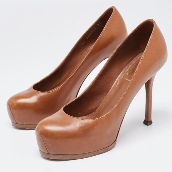 Yves Saint Laurent Shoes - Yves Saint Laurent YSL Tribtoo Platform Heels Pumps Shoes Brown Leather 37  $995